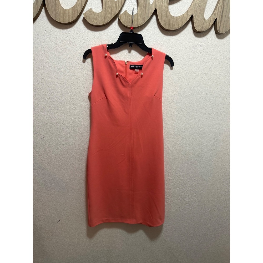 Karl Lagerfeld Paris Coral Pink Faux Pearl V-NeckDress Womens 4 Sleeveless